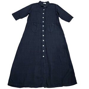 Tin Lizzie Linen Elbow Sleeves Midi Maxi Dress, Black, M